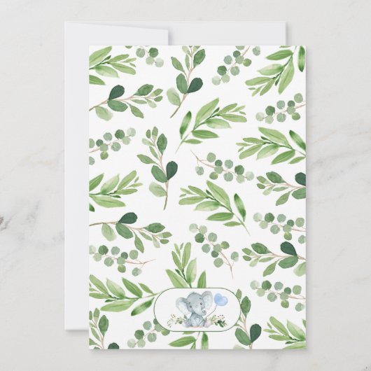 緑のブルーバルーンエレファントオ男の子の赤ちゃんシャワー 招待状 (裏面)