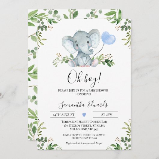 緑のブルーバルーンエレファントオ男の子の赤ちゃんシャワー 招待状 (正面/裏面)