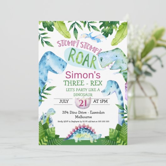 緑のブルー恐竜Tレックスの誕生日招待状 招待状 (スタンド正面)