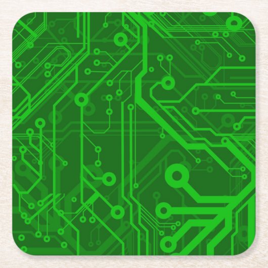 緑のプリント基板パターン スクエアペーパーコースター (正面)