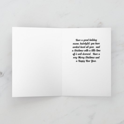 緑のヘアスタイリストのクリスマスカード カード (内部)