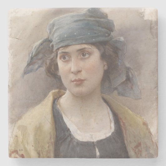 緑のヘッドスカーフの女の子（Ludwig Passini著） ストーンコースター (正面)