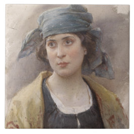 緑のヘッドスカーフの女の子（Ludwig Passini著） タイル