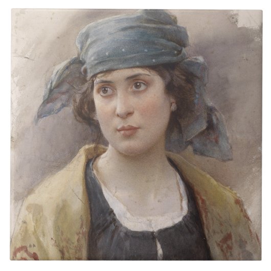 緑のヘッドスカーフの女の子（Ludwig Passini著） タイル (正面)