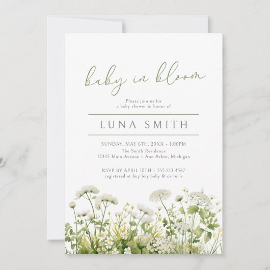 緑のベビーの開花フローラ野生の花の赤ちゃんシャワー 招待状 (正面)