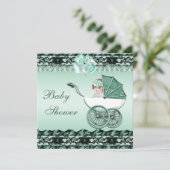 緑のベビーカーに乗ったかわいい赤ちゃん女の子 ベビーシャワー 招待状 (スタンド正面)