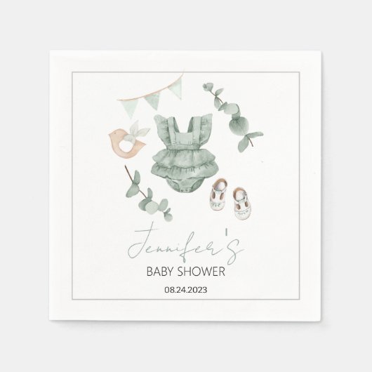 緑のベビーガール服ベビーシャワー紙ナプキン スタンダードカクテルナプキン (正面)