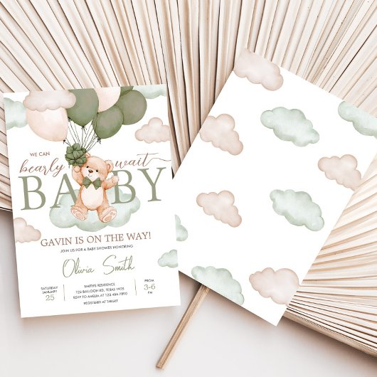 緑のベビークマのバルーンベビーシャワー 招待状
