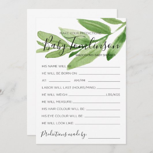 緑のベビーシャワーの予測ゲームカードを推測 招待状 (正面/裏面)