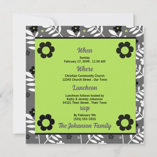 緑のベビーバプテスマとモノグラムと写真 招待状 (裏面)