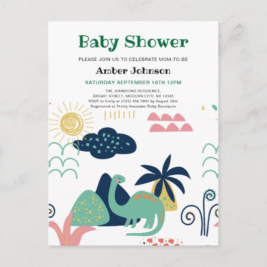緑のベビー恐竜ミニマリストかわいい赤ちゃんシャワー インビテーションポストカード (正面)