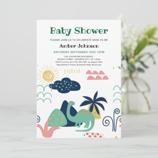緑のベビー恐竜ミニマリストかわいい赤ちゃんシャワー 招待状 (スタンド正面)
