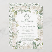 緑のベビー開花フローラホワイトベビーシャワー 招待状 (正面/裏面)