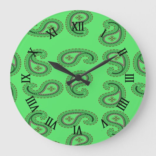 緑のペイズリー模様 ラージ壁時計 (正面)