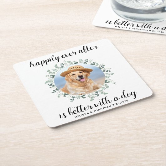 緑のペットの写真犬の後で幸せ結婚に スクエアペーパーコースター (アングル)