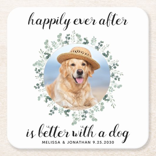 緑のペットの写真犬の後で幸せ結婚に スクエアペーパーコースター (正面)