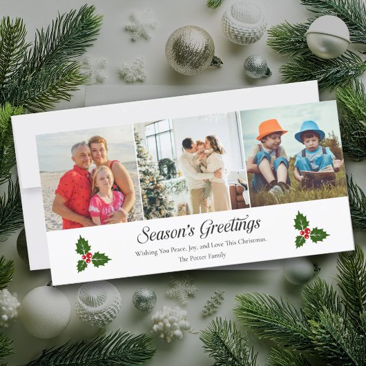 緑のホリーと赤い果実の写真クリスマスカード シーズンカード