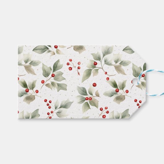 緑のホリーと赤い果実の水色 ギフトタグ (正面(横))