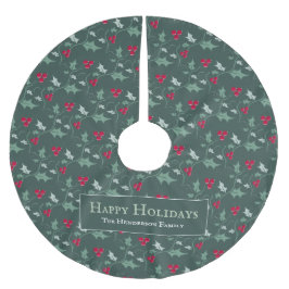 緑のホリーと赤い果実の葉のパターンカスタム ブラッシュドポリエステルツリースカート