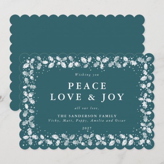 緑のホリーデザインの葉っぱの縁取りのフラットなカード（写真なし） シーズンカード (正面/裏面)