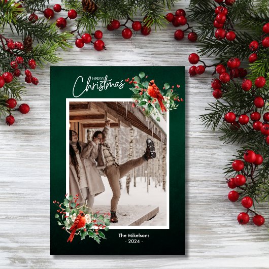 緑のホリーバーリーズ メリークリスマス フォト シーズンカード
