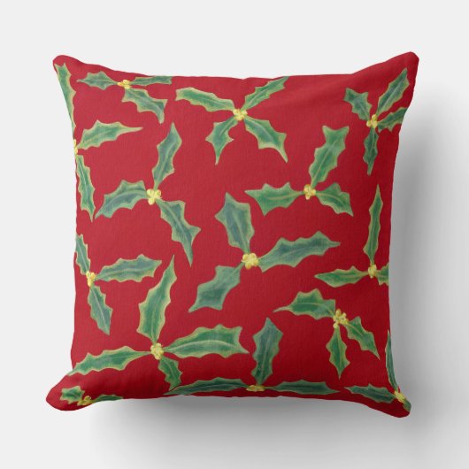 緑のホリ離れーの花、赤い枕の黄色い花 クッション (正面)