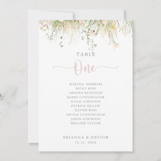 緑のボホワイルドフラワーテーブルNumber 1シーティングチャート 招待状 (正面)