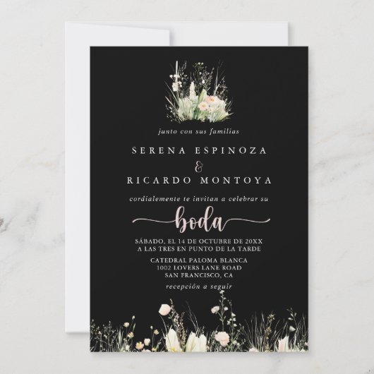 緑のボホワイルドフラワーブラックスペインのズ結婚ズ 招待状 (正面)