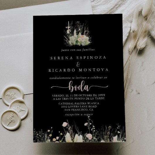 緑のボホワイルドフラワーブラックスペインのズ結婚ズ 招待状