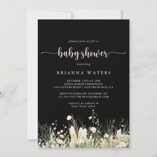 緑のボホワイルドフラワーブラックベビーシャワー 招待状 (正面)