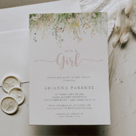 緑のボホワイルドフラワー女の子ベビーシャワー 招待状