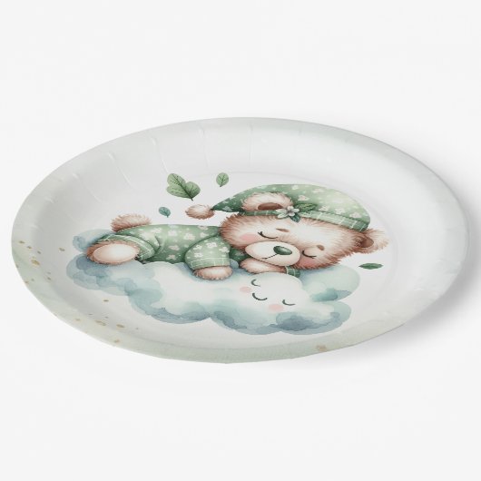 緑のボホ眠るテディベアかわいい赤ちゃんシャワー ペーパープレート (アングル)