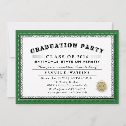 緑のボーダー2014年の免状の卒業パーティーの招待 招待状 (正面)