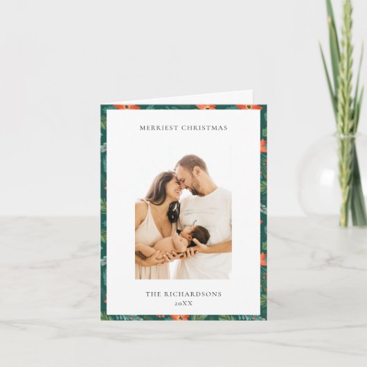 緑のポインセチアメリースクリスマスのパターン写真 シーズンカード (正面)