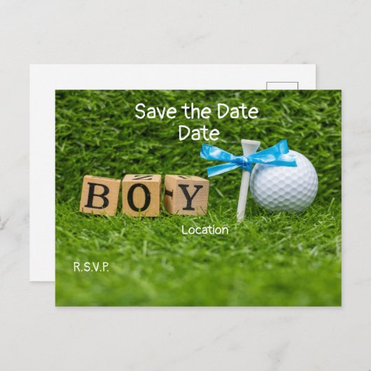 緑のポスに青いリボンが付いたゴルフ・ベビー・シャワー・ボーイ ポストカード (正面/裏面)