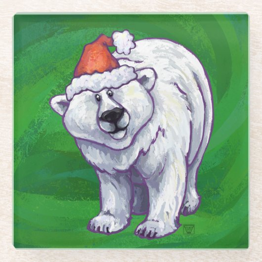 緑のポーラベアクリスマス ガラスコースター (正面)