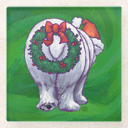 緑のポーラベアクリスマス ガラスコースター (正面)