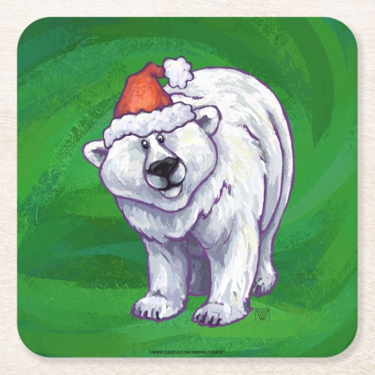 緑のポーラベアクリスマス スクエアペーパーコースター (正面)