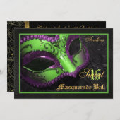 緑のマスクの仮面舞踏会の菓子16のパーティの招待状 招待状 (正面/裏面)