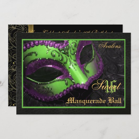 緑のマスクの仮面舞踏会の菓子16のパーティの招待状 招待状 (正面/裏面)