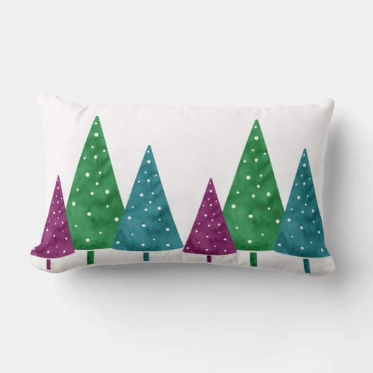 緑のマゼンタティール(緑がかった色)の水彩木模様 ランバークッション (正面)