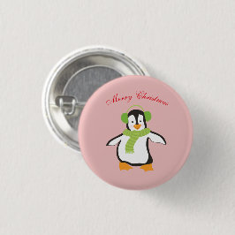 緑のマフラーとイヤーマフをつけたかわいい漫画のペンギン 缶バッジ