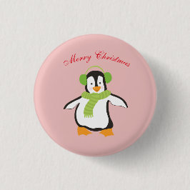 緑のマフラーとイヤーマフをつけたかわいい漫画のペンギン 缶バッジ