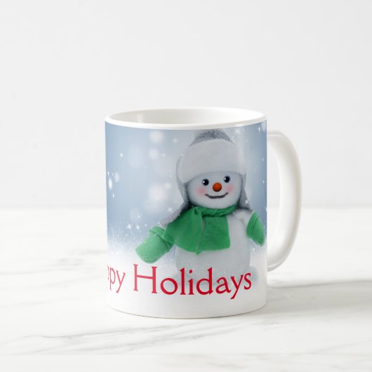 緑のマフラーをした雪だるま コーヒーマグカップ (正面右)