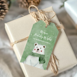 緑のマフラーを巻いた北極クマのあたたかなホリデーウィッシュ ギフトタグ