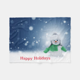 緑のマフラーを巻いた雪だるま フリースブランケット