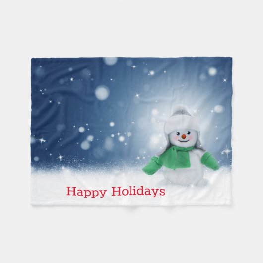 緑のマフラーを巻いた雪だるま フリースブランケット (正面(横))