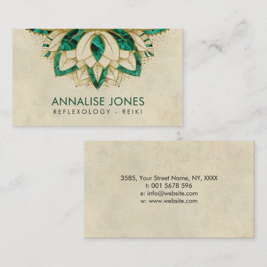 緑のマラカイトおよび金ゴールドフレームのはす 名刺 (正面/裏面)