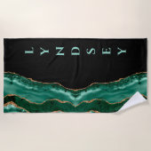 緑のマラカイト、金ゴールドグリッター – 黒 – お名前 ビーチタオル (正面)