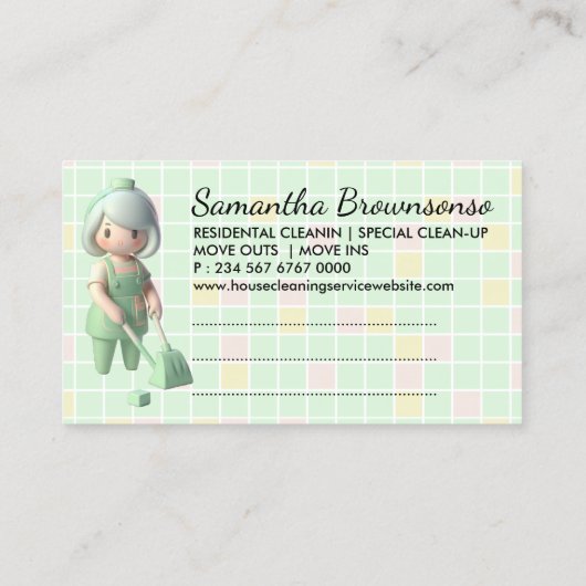 緑のマンガの清掃員の女性清掃アポイントメント 名刺 (裏面)